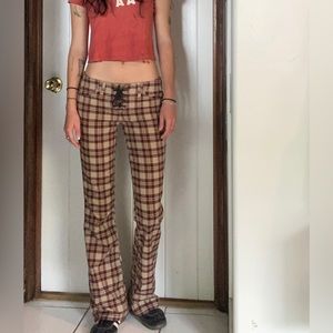 Y2K Low rise bootcut plaid lace up pants